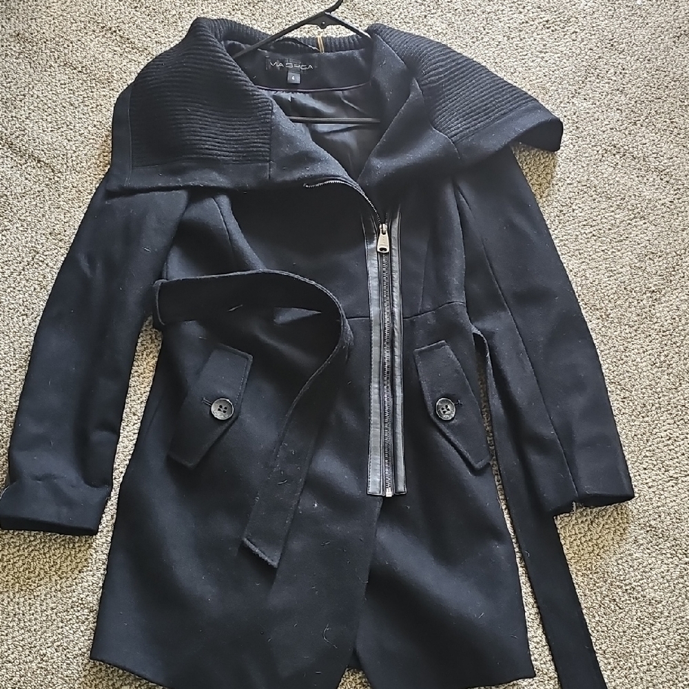Via Spiga Black Trench Coat with Asymmetrical Zipper and Belt